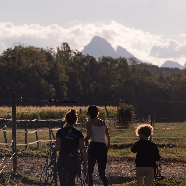 Deux femmes et un enfant bouclé, vus de dos en contre-jour, marchent avec des longes vers le pré, un sommet derrière.