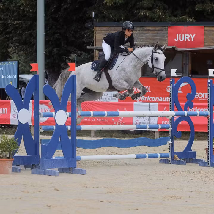 Cavalière sur un poney gris franchissant un obstacle bleu devant le jury